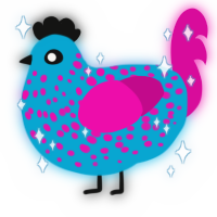 A cerulean and fuchsia chicken with a speckle pattern