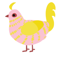 A rose and yellow chicken with a bar pattern