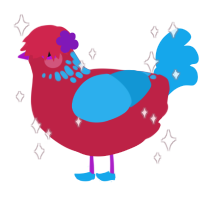 女神, a crimson and sky chicken with a neck-speckle pattern