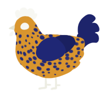 A orange and navy chicken with a speckle pattern