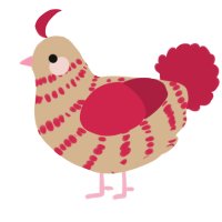 A beige and crimson chicken with a bar pattern
