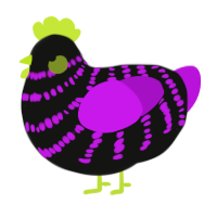 Midwest Emo, a black and amethyst chicken with a bar pattern