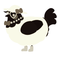 A white and black chicken with a head pattern