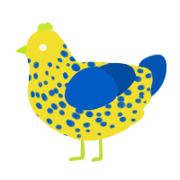 A yellow and ultramarine chicken with a speckle pattern
