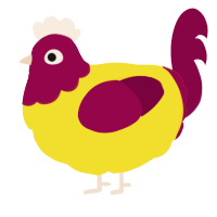 A yellow and maroon chicken with a head pattern