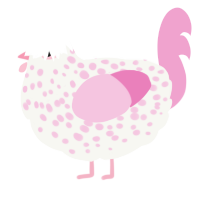 A white and pink chicken with a speckle pattern