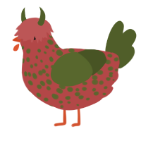 A red and olive chicken with a speckle pattern