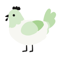 A white and gluppy chicken with a head pattern