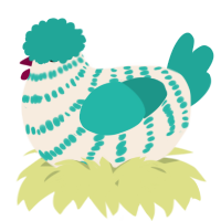 A cream and turquoise chicken with a bar pattern