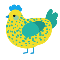A yellow and turquoise chicken with a speckle pattern