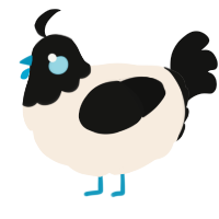 A cream and black chicken with a head pattern
