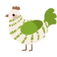 A cream and chartreuse chicken with a bar pattern