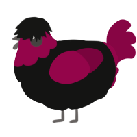 A black and maroon chicken with a head pattern