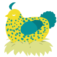 A yellow and teal chicken with a speckle pattern