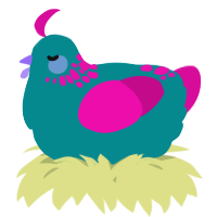 A teal and fuchsia chicken with a neck-speckle pattern