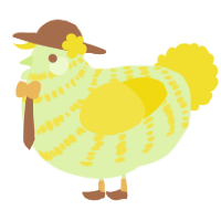 A apple and yellow chicken with a bar pattern