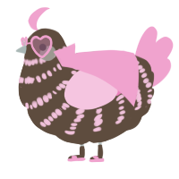 A bark and pink chicken with a bar pattern