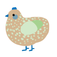 A beige and gluppy chicken with a speckle pattern