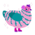 A pink and teal chicken with a bar pattern
