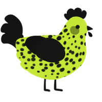 Polymorph, a lime and black chicken with a speckle pattern