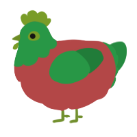 A red and viridian chicken with a head pattern