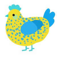 Bananaphone, a yellow and sky chicken with a speckle pattern