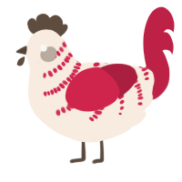 A cream and crimson chicken with a half-bar pattern