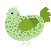 A gluppy and chartreuse chicken with a speckle pattern