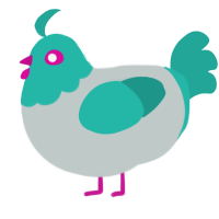 A silver and turquoise chicken with a head pattern