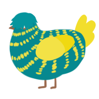 A teal and yellow chicken with a bar pattern