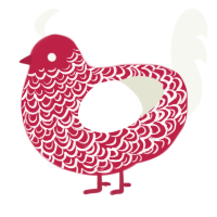 A crimson and white chicken with a double-lace pattern