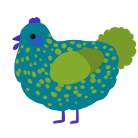 A sea and chartreuse chicken with a speckle pattern