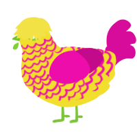 A yellow and fuchsia chicken with a lace pattern