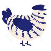 A cream and navy chicken with a bar pattern