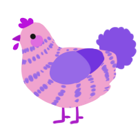 A pink and blurple chicken with a bar pattern