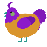 A orange and violet chicken with a head pattern