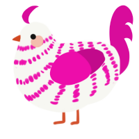 A white and fuchsia chicken with a bar pattern