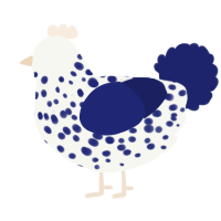 A white and navy chicken with a speckle pattern