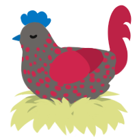 A grey and crimson chicken with a speckle pattern