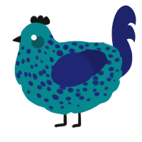 A teal and navy chicken with a speckle pattern
