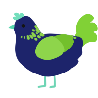 A navy and grass chicken with a neck-speckle pattern
