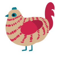 A beige and crimson chicken with a bar pattern