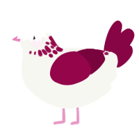 A white and maroon chicken with a neck-speckle pattern