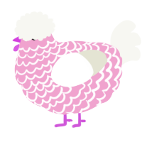 A pink and white chicken with a lace pattern