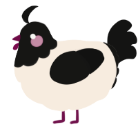 A cream and black chicken with a head pattern