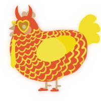 A vermilion and yellow chicken with a lace pattern