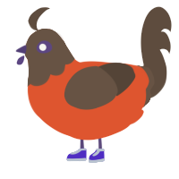 Boo, a vermilion and bark chicken with a head pattern