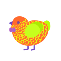A vermilion and chartreuse chicken with a lace pattern