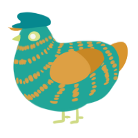 A turquoise and orange chicken with a bar pattern