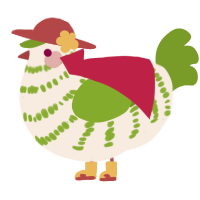 A cream and chartreuse chicken with a bar pattern